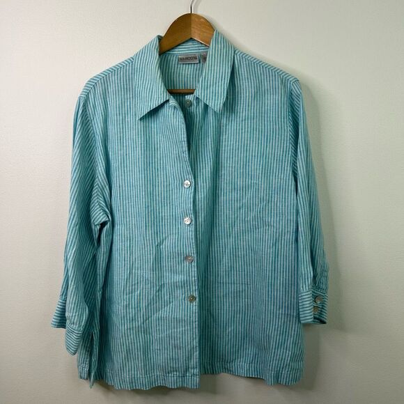 Chico’s 100% Linen Button Down Shirt Women’s Size 3‎ (XL) Aqua Blue White Stripe - Picture 1 of 9